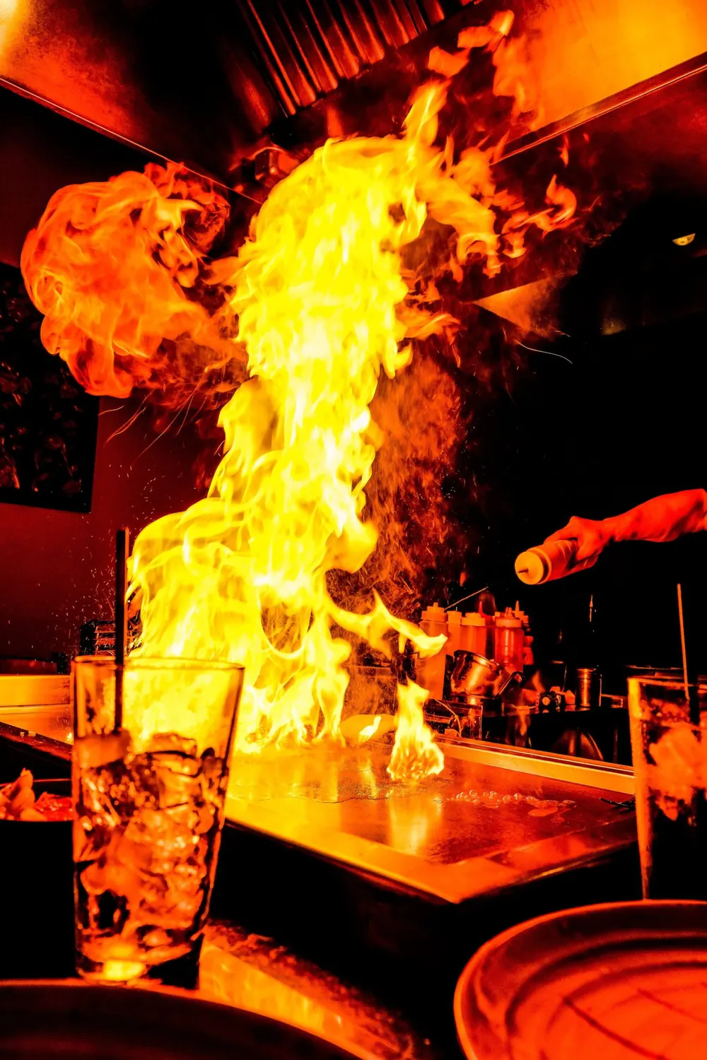 Onion volcano flame at a hibachi party